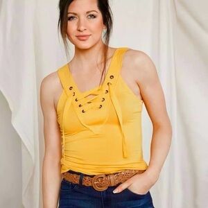 Buckle Gimmicks Yellow Lace Up Tank Top